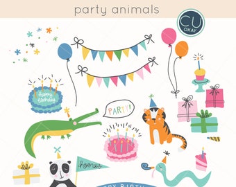 Birthday Party Animals Clip Art Graphics- Hand-Drawn Digital Illustrations- Commercial Use Royalty Free - instant download