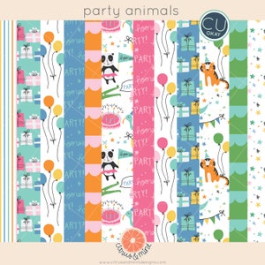 Birthday Party Animals Paper Patterns- Hand-Drawn Digital Illustrations- Commercial Use Royalty Free - instant download