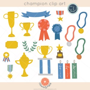 Trophy and Ribbon Champion Sports Clip Art Graphics  - Hand-Drawn Digital Illustrations- Commercial Use Royalty Free - instant download