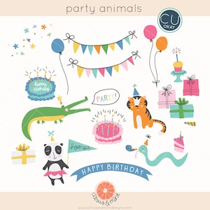 Birthday Party Animals Clip Art Graphics- Hand-Drawn Digital Illustrations- Commercial Use Royalty Free - instant download