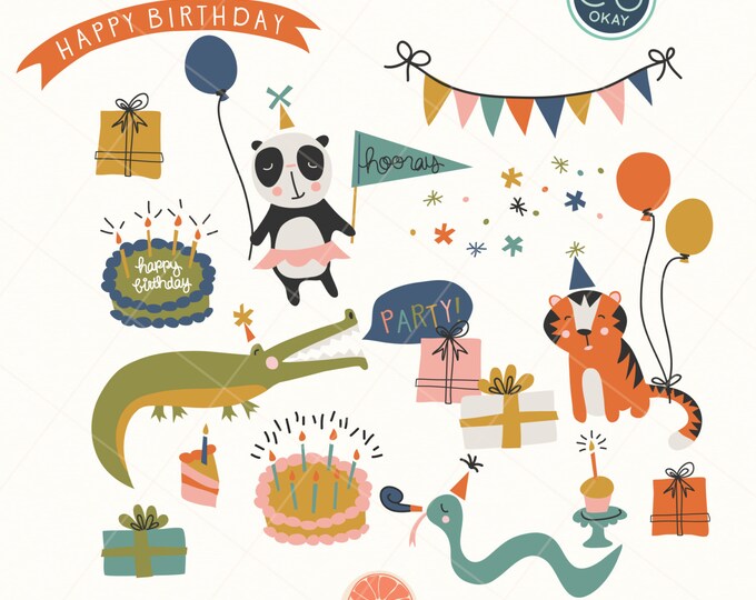 Birthday Party Animals Clip Art Graphics Hand-drawn Digital