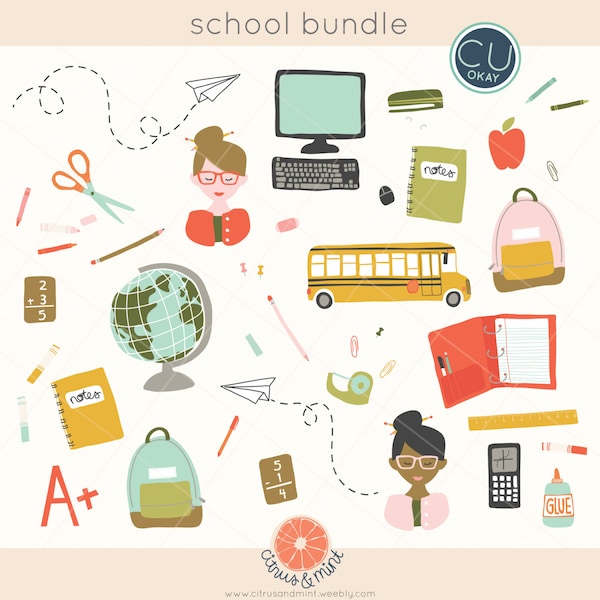 Back to School Clip Art Graphics- Hand-Drawn Digital Illustrations- Commercial Use Royalty Free - instant download