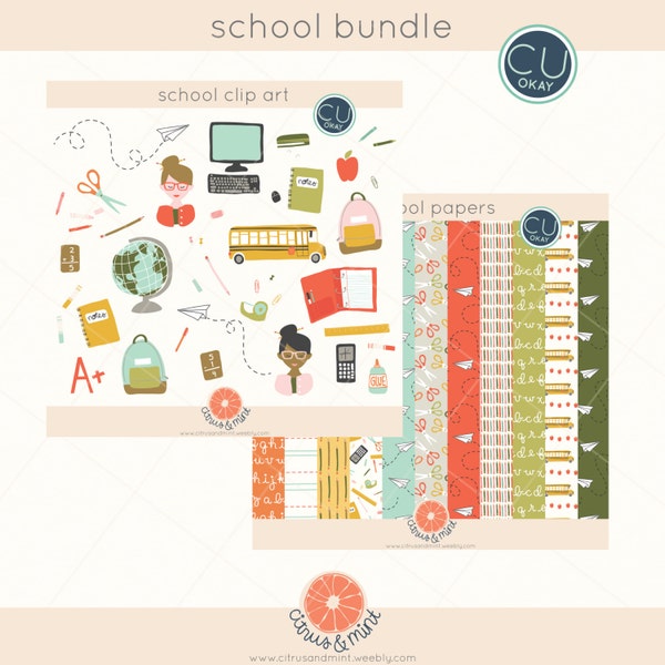 Back to School Clip Art and Papers- Hand-Drawn Digital Illustrations- Commercial Use Royalty Free - instant download