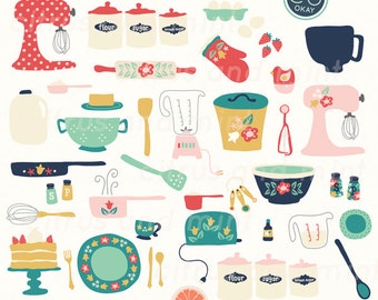 Vintage Kitchen Clip Art - Baking Digital Hand-Drawn Illustrations- Commercial Use Royalty Free - instant download