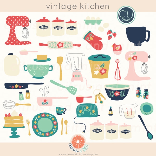 Vintage Kitchen Clip Art - Baking Digital Hand-Drawn Illustrations- Commercial Use Royalty Free - instant download