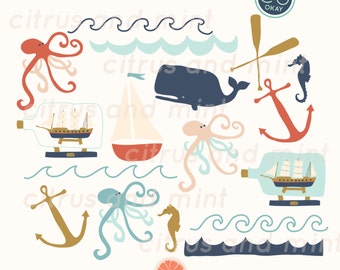 Clipart - Nautical Ocean - 17 Hand Drawn Illustrations for Commercial Use - .png files - instant download
