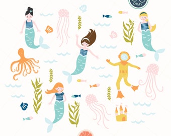 Mermaid Ocean Clipart - Hand-Drawn Illustrations- Commercial Use Royalty Free - instant download