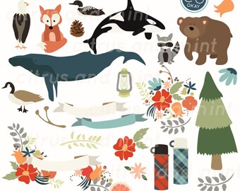 May include: Woodland clip art set featuring a variety of animals, plants, and objects.  Includes a whale, bear, fox, raccoon, eagle, goose, pine tree, flowers, and a lantern.