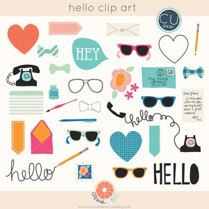 Puede incluir: Una colección de elementos de clip art coloridos que incluyen gafas de sol, corazones, pajaritas, sobres, un teléfono y la palabra "hello". El diseño presenta una variedad de colores y patrones, con el texto "hello clip art" en la parte superior.
