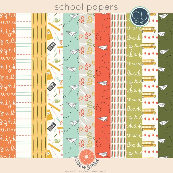School Supplies Papers and Patterns - Hand-Drawn Digital Illustrations- Commercial Use Royalty Free - instant download