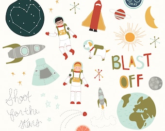 Outer Space Clip Art Graphics- Hand-Drawn Digital Illustrations- Commercial Use Royalty Free - instant download