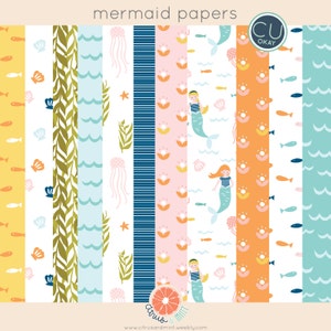 Mermaid Ocean Papers and Patterns - Hand-Drawn Digital Illustrations- Commercial Use Royalty Free - instant download