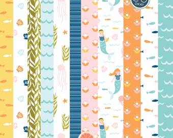 Mermaid Ocean Papers and Patterns - Hand-Drawn Digital Illustrations- Commercial Use Royalty Free - instant download