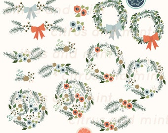 Christmas Digital Clip Art Flowers and Wreaths- 21 Hand Drawn Illustrations- Commercial Use