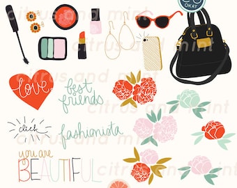 May include: A set of digital clip art images featuring fashion and beauty items, including a heart with the word "love", a purse, sunglasses, lipstick, nail polish, earrings, eyeshadow, mascara, flowers, and text that says "best friends", "fashionista", "you are beautiful", and "click".