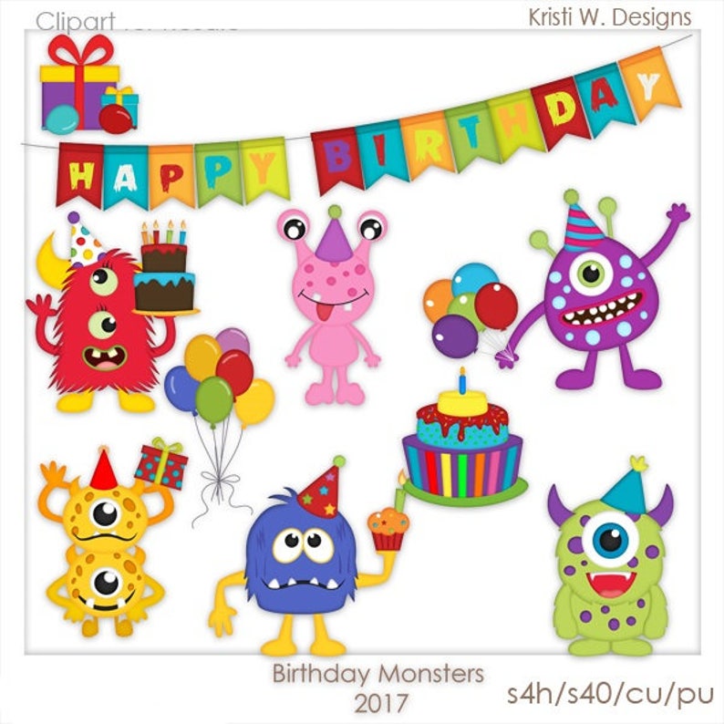 DIGITAL SCRAPBOOKING CLIPART Birthday Monsters image 1