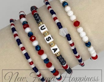 Red White and Blue Stretch Bracelet Stack • Gold Accents • Patriotic Beaded Bracelets