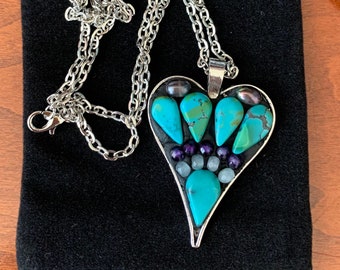 Mosaic Bead Heart Pendant Necklace