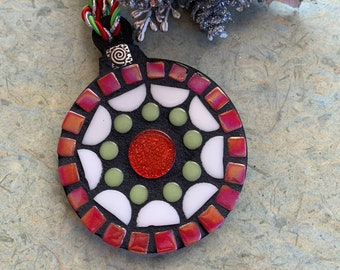 Red, Green, White and Sparkle 4 inch Mosaic Christmas Ornament