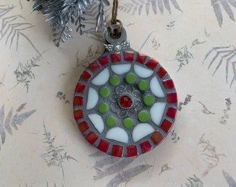 Red, Green and White 4 inch mosaic Christmas Ornament