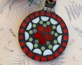 5 inch Red Flower with Green and White Mosaic Christmas Ornament