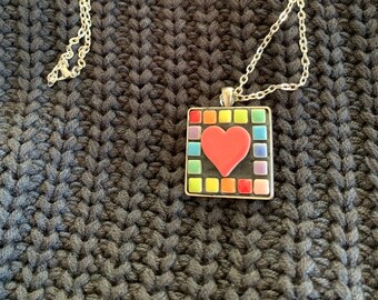 Square Mosaic Ceramic Pendant Necklace, Rainbow, Heart Design, Gift 20 and Under