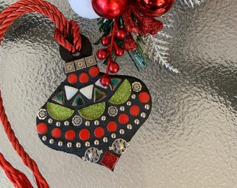 Sparkly Green and Red 4 inch Mosaic Christmas Ornament