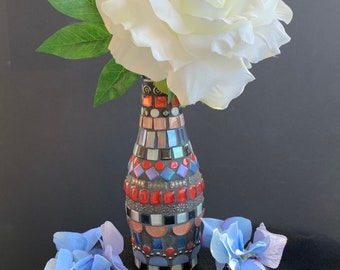 Red and Blue Mosaic Glass Bottle Bud Vase