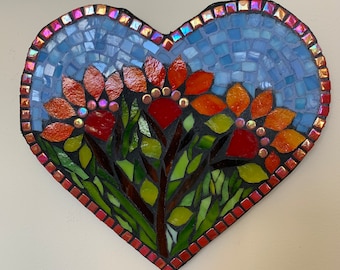 Mosaic Flower Heart, Outdoor Indoor Mosaic Art, Garden Art