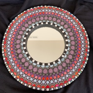 Mirror, Round Mirror, Red, Purple and Blue Mixed Media Mosaic Mirror Wall Decor