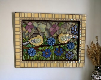 Birds in an Enchanted Garden Mosaic Glass, Mixed Media Wall Art, Wall Decor