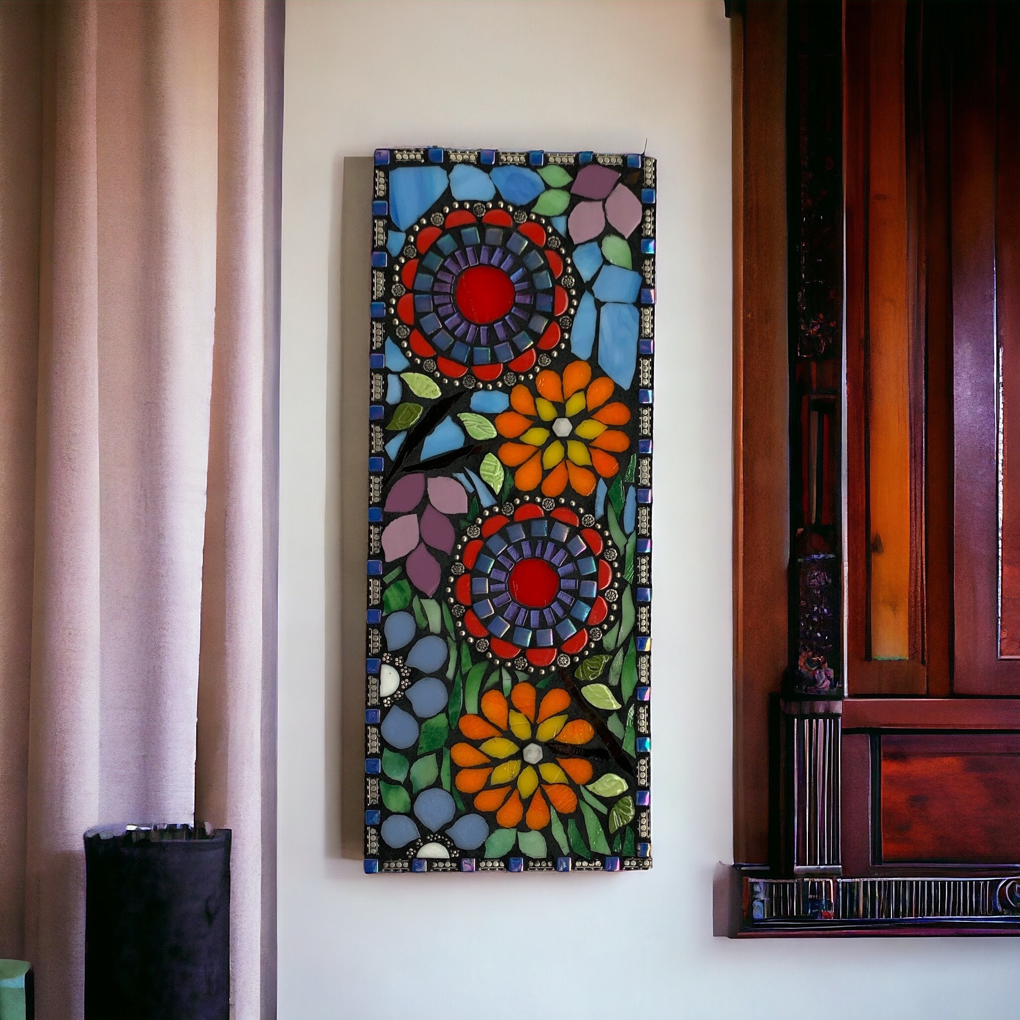 Glass Mosaic Contemporary Flower Art Wall Decor, Stained Glass Art