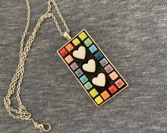 Rectangle Mosaic Pendant, Heart Pendant, Rainbow Color Pendant Necklace