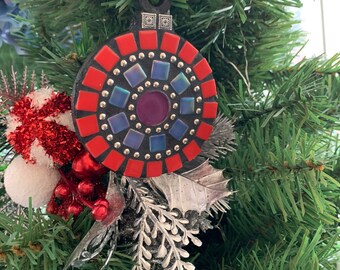 4" Bright Red, Blue and Purple Mosaic Christmas Ornament