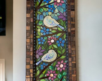 10" x 22" Mosaic Glass Flower and Bird Wall Art