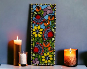 Colorful Mosaic Wall Decor, Mosaic Glass and Mixed Media Art, Shelf Mantel Art