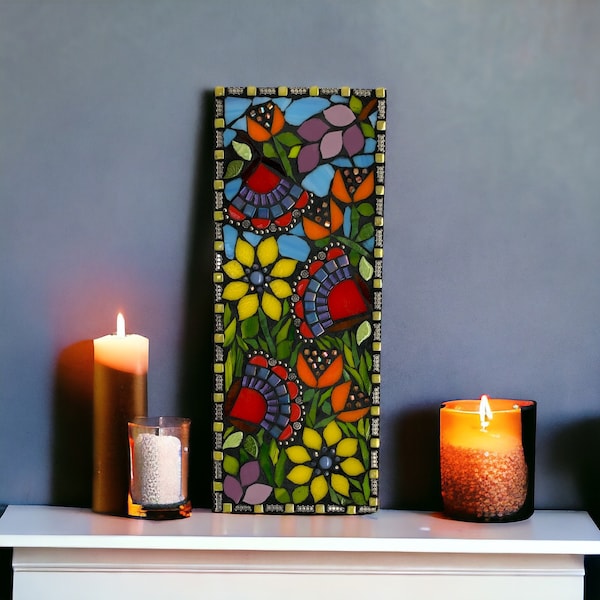 Colorful Mosaic Wall Decor, Mosaic Glass and Mixed Media Art, Shelf Mantel Art