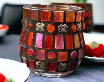 Red Mosaic Glass Votive, Candle Holder, Gift Idea,