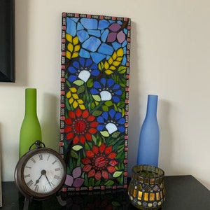 Mosaic Wall Art, Colorful Mixed Media Glass Art, Unique Vibrant Wall Decor, Fireplace Mantel Art