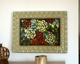 Beautiful Yellow Roses with Orange and Red Mosaic Flowers Art Wall Hanging Decor