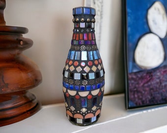 Bottle Art, Blue, Pink and Red Mosaic Glass Bottle Bud Vase, Shelf Art