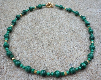 Handmade Natural AAA Green Malachite Gemstone Necklace, 18 inch Beaded Stone Necklace, Gold Vermeil Necklace, Womens Gift Idea, Gift for Her