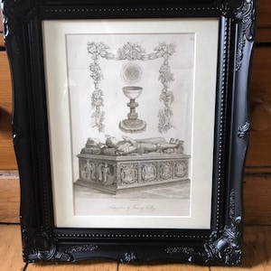 Antike gerahmte Gravur der Antiquitäten des Knit College - Grabstein - Grabstein - Gotische Kunst - Gothic Dekor - Kabinett der Kuriosität