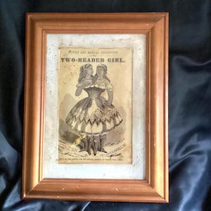 Op de afbeelding: Ingelijste vintage prent getiteld "TWO-HEADED GIRL" met een gedetailleerde illustratie van een Siamese tweelingfiguur. De prent is gevat in een houten lijst met een lichtgekleurde passe-partout, met een historische medische beschrijving.
