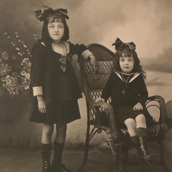 Antique Real Photo Postcard RPPC - Creepy Looking Children - Sisters - Gothic Decor - Curiosity - Oddity - French - Sailor Suits