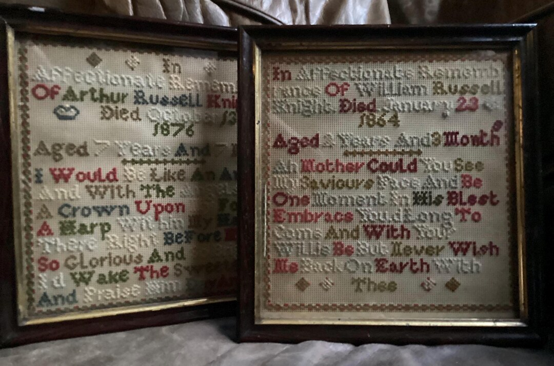 Rare & Unusual Pair of Antique Victorian in Memoriam Mourning Samplers ...