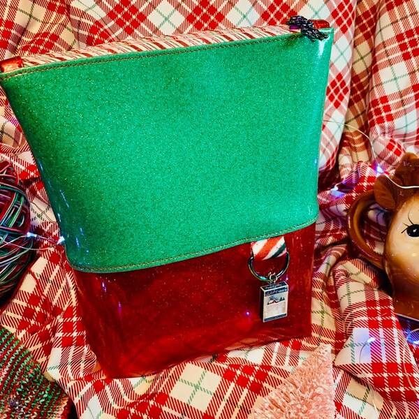 Rudy's Sock Bag: Super Cute Green Glitter Vinyl and Red See-Through Sparkle Vinyl Bag with Holiday Trimmings!