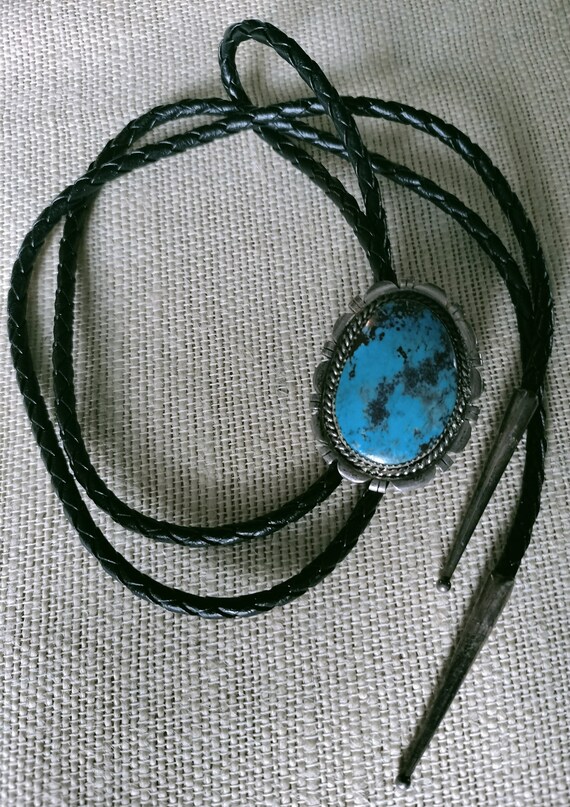 Sterling Kingman Turquoise Navajo Bolo signed DE