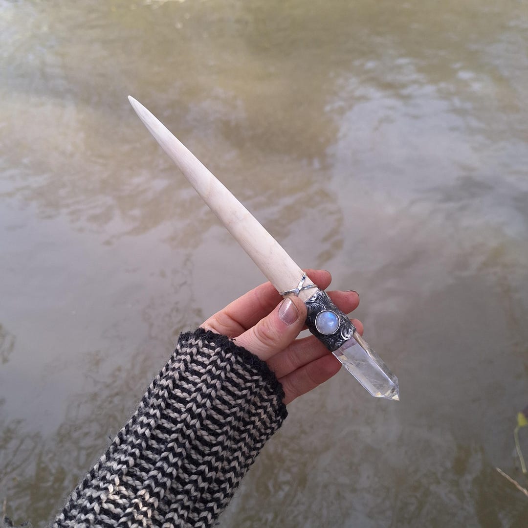 Ash Wand, Quartz and Moonstone Wand, Magic Wand, Wood Crystal Wand ...