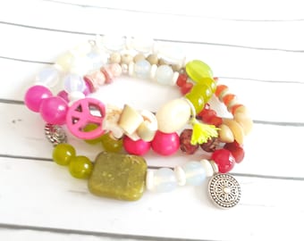 Pearl bracelet jade rose quartz set 3 pieces boho hippie style